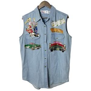 Vintage 90s Rockabilly Denim Vest Sleeveless Shirt L 50s Dancing Cars Music